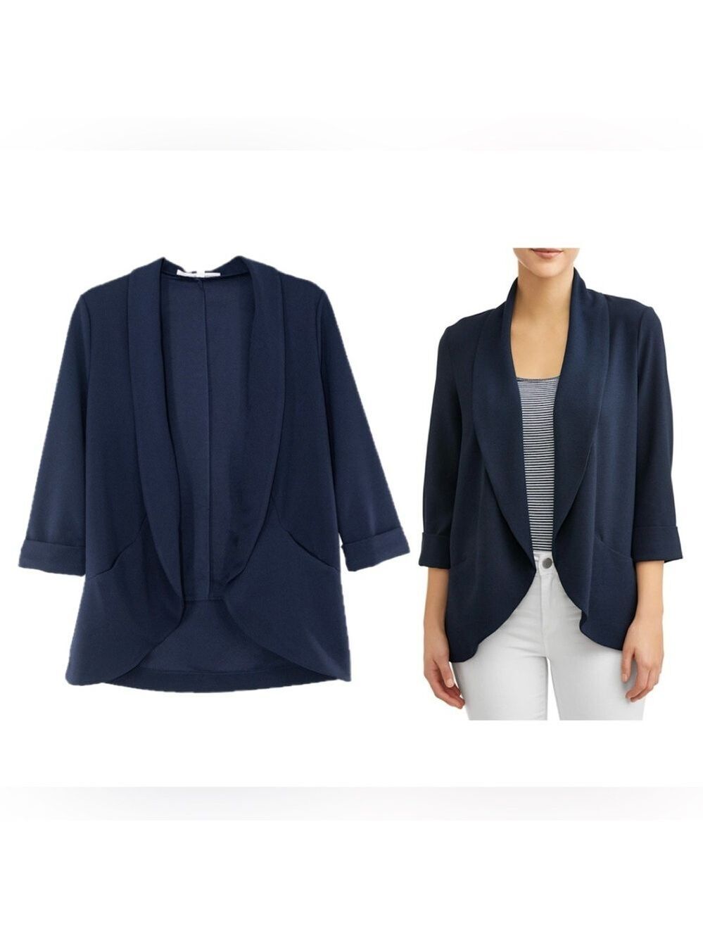 RW&CO women's navy blue open front draped blazer jacket Sz L classy pockets